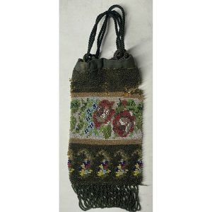 Antique Victorian Drawstring Beaded Purse 19th C. Art Nouveau Bag Glass